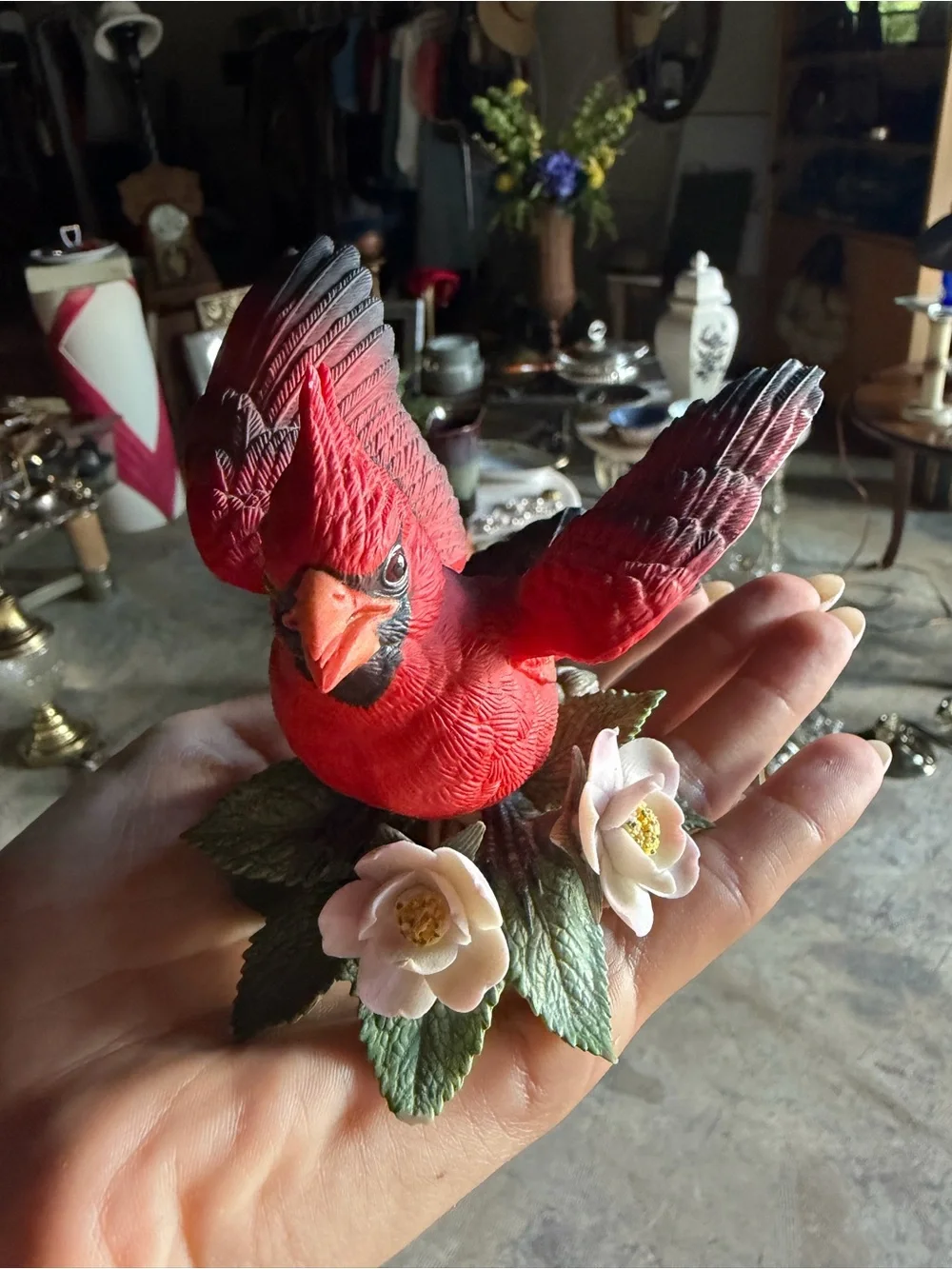 Lenox Red Cardinal Figurine with Green Leaf Base and Pink Flowers